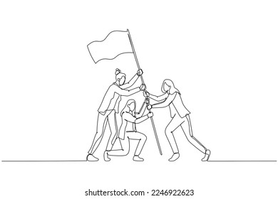 Drawing of businesswoman with flag as a symbol of success and heights. Continuous line art