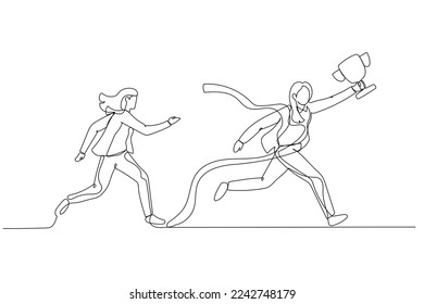 Drawing of businesswoman get to the finish line winning fierce competition. Continuous line art