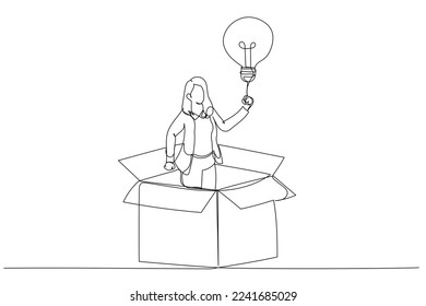 Drawing of businesswoman get out of paper box with new illumination lightbulb idea. Think outside the box. Single line art style
