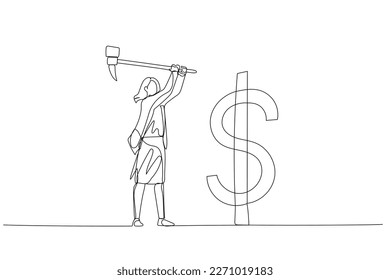 Drawing of businesswoman with hammer hit dollar sign USD sign. Concept of money market. One line art style