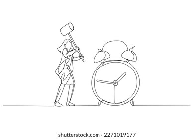 Drawing of businesswoman with hammer try to break alarm clock. Concept of deadline. Single continuous line art style