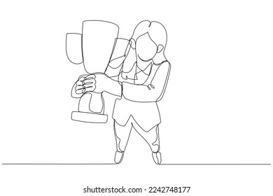 Drawing of businesswoman happy holding trophy showing success and achievement. One line art style