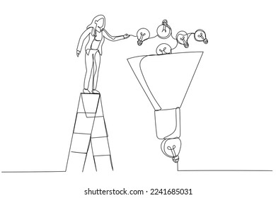 Drawing of businesswoman help put small lightbulb in funnel to get final idea. Idea funnel. One line art style