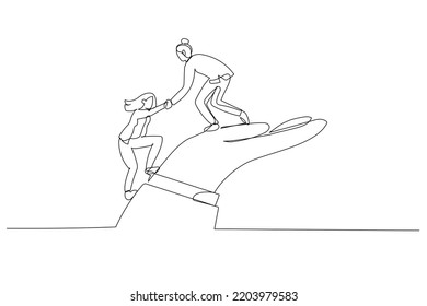 Drawing of businesswoman helps companion climb to the giant hand. Single continuous line art
