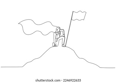 Drawing of businesswoman with hero cape on mountain. Single continuous line art style