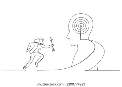 Drawing of businesswoman hold arrow running up stairway to the target on human head. Metaphor for growth, success, target, positioning. Continuous line art style
