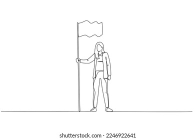 Drawing of businesswoman hold flag demonstrate goal achievement showing leadership. Single continuous line art