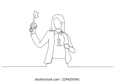 Drawing of businesswoman holding big key about to unlock keyhole on his body. Metaphor for reach true potential, personal career success. One line style art
