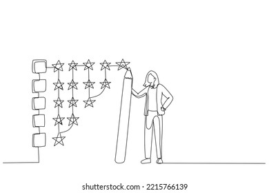 Drawing of businesswoman holding pencil to evaluate star feedback. Metaphor for evaluation. Continuous line art
