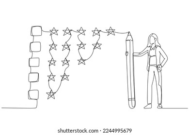 Drawing of businesswoman holding pencil to evaluate star feedback concept of evaluation feedback. Continuous line art