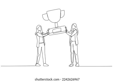 Drawing of businesswoman holding prize winner cup and celebrating achievement. Single line art style