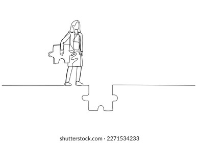 Drawing of businesswoman holding puzzle try to connect the road. Concept of ambition. One line style art