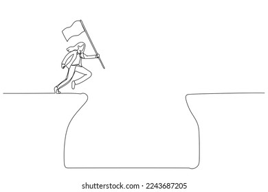 Drawing of businesswoman jump over cliff gap to achieve business target concept of determination. Single continuous line art