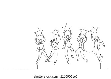 Drawing of businesswoman jumping and holding golden review stars. Metaphor for business rating. Single line art style
