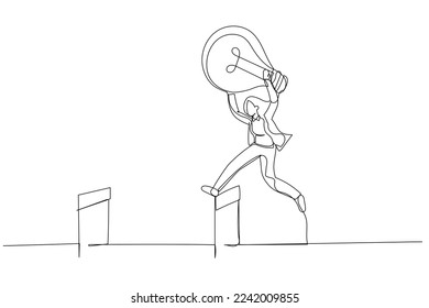 Drawing of businesswoman jumping over hurdle. Single line art style
