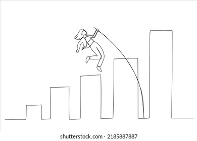 Drawing Of Businesswoman Jumping Pole Vault Over Growth Bar Graph. Business Growth, Improvement. Single Line Art Style
