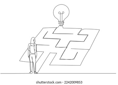 Drawing of businesswoman looking idea in the maze labyrinth concept of achieving the goal. Single line art style
