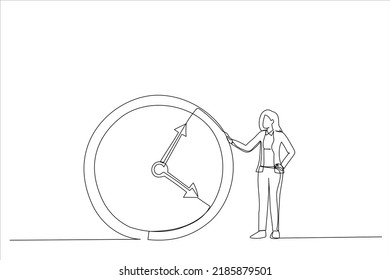 Drawing of businesswoman or manager is standing near a big clock. Time management concept. Single line art style
