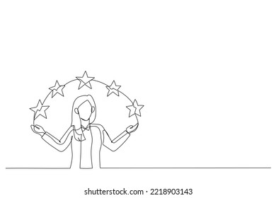 Drawing of businesswoman points to the stars. Metaphor for good customer review. Single line art style
