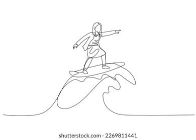 Drawing of businesswoman riding surf board with wave. metaphor for overcome difficulty. One line art style - Shutterstock ID 2269811441