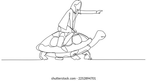 Drawing of businesswoman riding turtle that walk slowly concept of business development