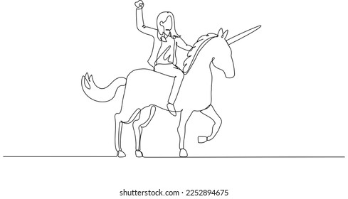 Drawing of businesswoman riding a unicorn with the horse only standing on three foot