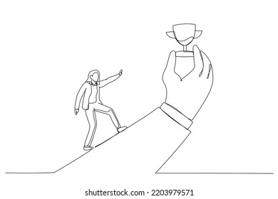 Drawing of businesswoman run with full effort to reach trophy cup in giant hand. Metaphor for motivation to achieve goal, small win to motivate employee. Continuous line art style
