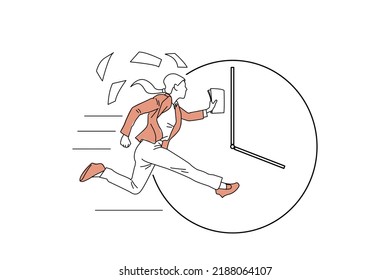 Drawing Of Businesswoman Running Fast In Front Of Clock. Business Urgency Concept. Single Line Art Style
