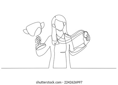 Drawing of businesswoman standing holding golden medal and first prize trophy. Single line art style