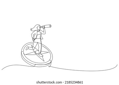 Drawing of businesswoman standing on compass showing direction. Symbol of strategy, future vision. Single line art style