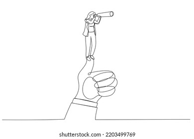 Drawing of businesswoman standing on giant thumb using telescope to look into the distance. Continuous line art

