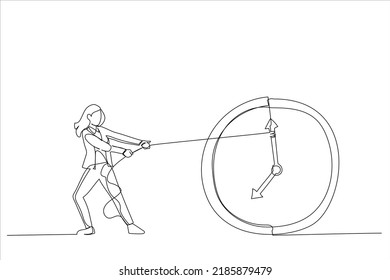 Drawing Of Businesswoman Trying To Slow Down And Stop Time. Stopping Time Metaphor. Single Line Art Style
