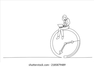 Drawing of businesswoman using computer laptop sitting on clock working. After hours worker, working late overtime concept. Single continuous line art
