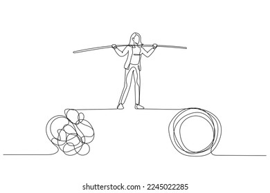 Drawing of businesswoman walk on tight rope balancing between problem. Single continuous line art style