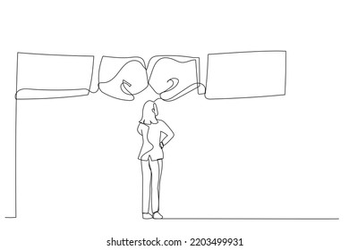 Drawing of businesswoman watching two giant fist clashed. Continuous line art
