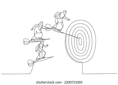Drawing of businesswomen stand on darts and fly together to the bulls eye. One line style art
