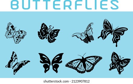 Drawing Butterflies. Stencil Butterfly, Moth Wings And Flying Insects. Butterflies Tattoo Sketch, Fly Insect Black Hand Drawn Engraving. Isolated Vector Illustration Icons Set