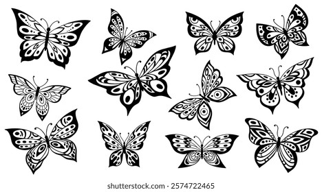 Drawing butterflies. Stencil butterfly, moth wings and flying insects. Butterflies tattoo sketch, fly insect black hand drawn engraving. Isolated vector illustration icons set on white background