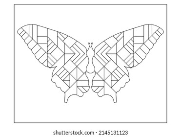 Dibujo de una mariposa con motivos de arte deco lineal. Hermoso insecto de vida salvaje. Página de color fácil para la desintoxicación digital. 