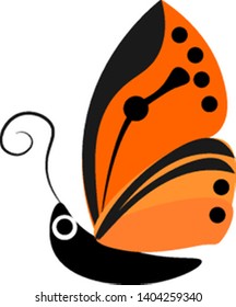 A drawing of a butterfly on side view, showing one eye and one antenna. Wings are brown and orange, that has black spots and designs., vector, color drawing or illustration. 