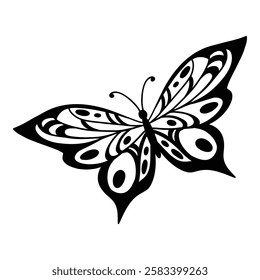 Drawing butterfly. Stencil butterfly, moth wings and flying insect. Butterflies tattoo sketch, fly insect black hand drawn engraving. Isolated vector illustration icon.