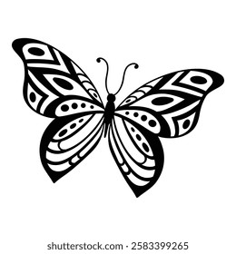 Drawing butterfly. Stencil butterfly, moth wings and flying insect. Butterflies tattoo sketch, fly insect black hand drawn engraving. Isolated vector illustration icon.