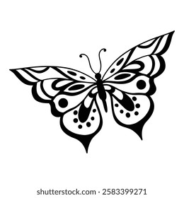 Drawing butterfly. Stencil butterfly, moth wings and flying insect. Butterflies tattoo sketch, fly insect black hand drawn engraving. Isolated vector illustration icon.