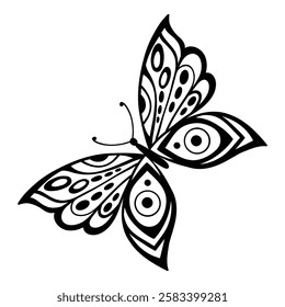 Drawing butterfly. Stencil butterfly, moth wings and flying insect. Butterflies tattoo sketch, fly insect black hand drawn engraving. Isolated vector illustration icon.