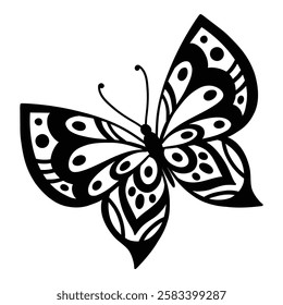 Drawing butterfly. Stencil butterfly, moth wings and flying insect. Butterflies tattoo sketch, fly insect black hand drawn engraving. Isolated vector illustration icon.