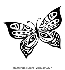 Drawing butterfly. Stencil butterfly, moth wings and flying insect. Butterflies tattoo sketch, fly insect black hand drawn engraving. Isolated vector illustration icon.