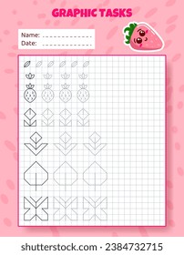 Drawing by cells. Educational game for preschool children. Worksheets with strawberry for practicing logic, motor skills. Graphic tasks for kids with different objects and elements. Vector