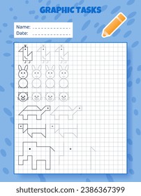 Drawing by cells. Educational game for preschool children. Worksheets for practicing logic and motor skills. Game for kids. Graphic tasks with different objects and elements. Vector illustration