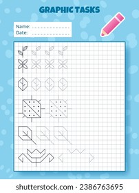 Drawing by cells. Educational game for preschool children. Worksheets for practicing logic and motor skills. Game for kids. Graphic tasks with different objects and elements. Vector illustration