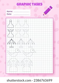 Drawing by cells. Educational game for preschool children. Worksheets for practicing logic and motor skills. Game for kids. Graphic tasks with different objects and elements. Vector illustration